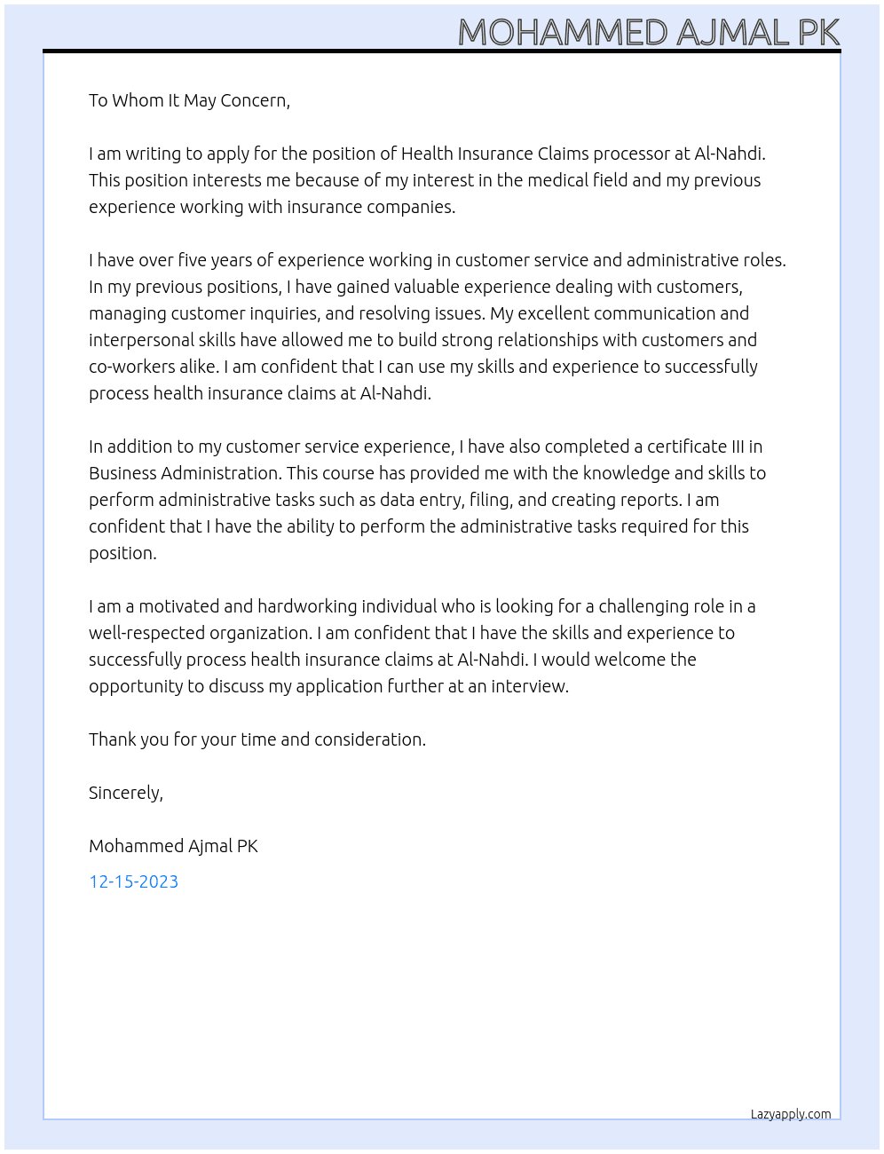 Health Insurance Claims processor At Al-Nahdi  Cover Letter