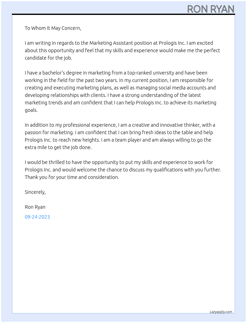 Marketing Assistance At  Prologis Inc Cover Letter