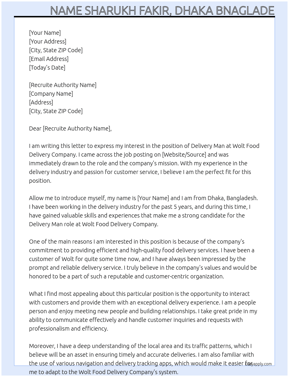 delivery man At wolt food delivery company Cover Letter