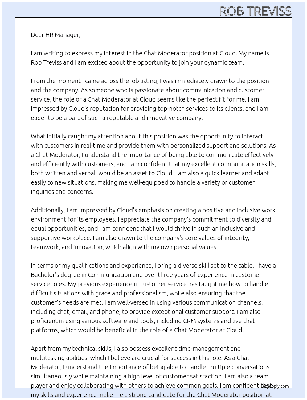 Chat Moderator At Cloud  Cover Letter