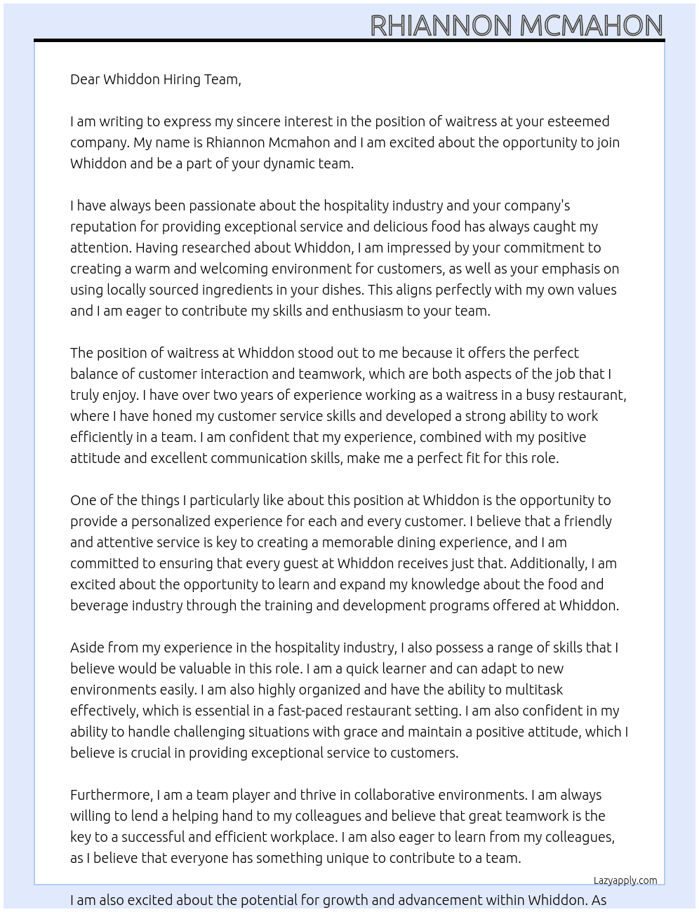 waitress  At Whiddon Cover Letter