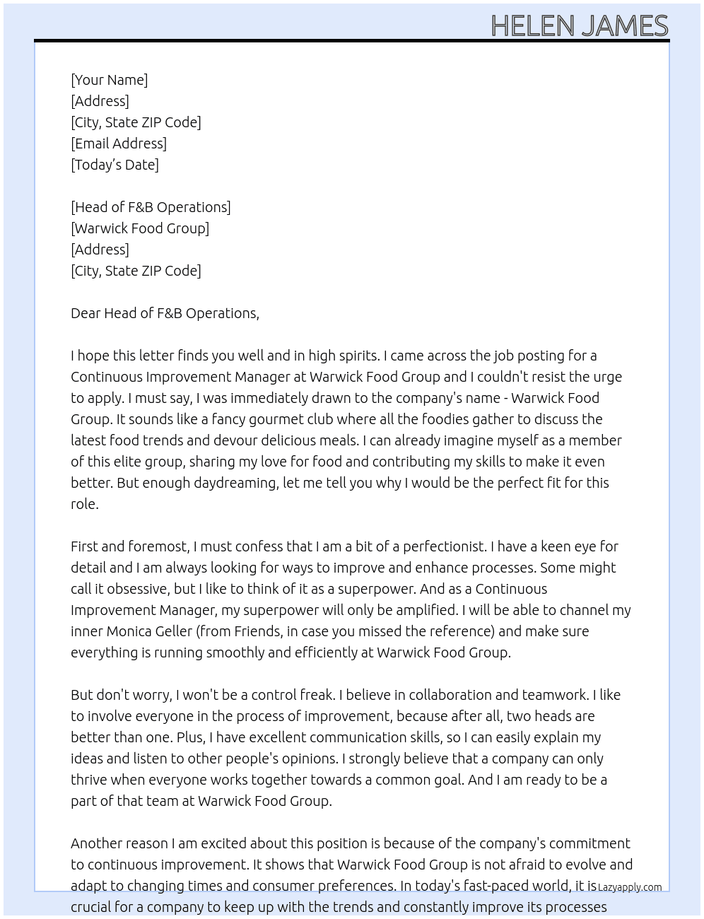 Continuous improvement manager At Warwick Food Group Cover Letter