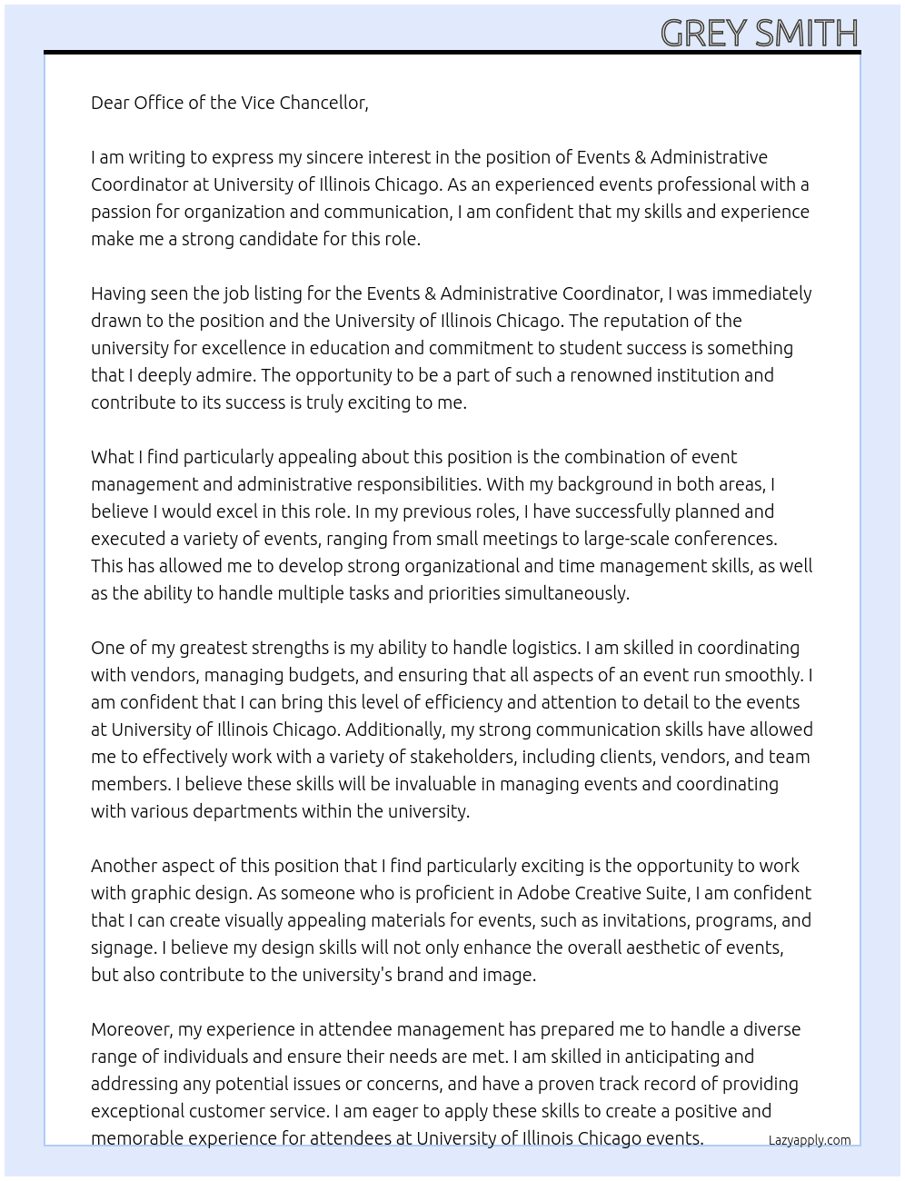 Events & Administrative Coordinator At University of Illinois Chicago Cover Letter