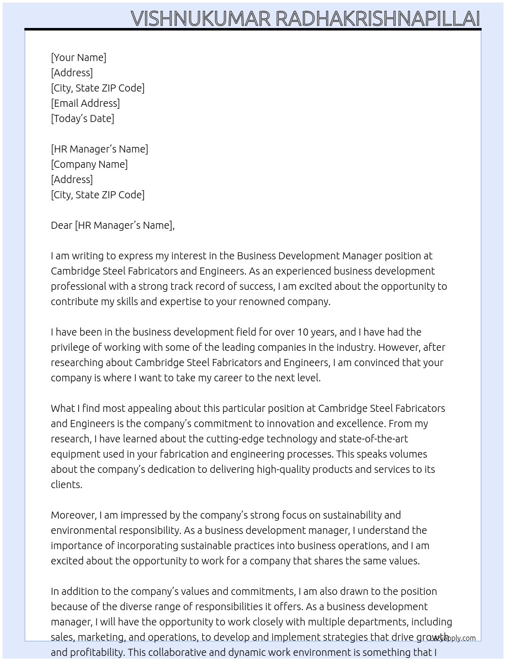 Business Development Manager At Cambridge Steel Fabricators and Engineer s Cover Letter