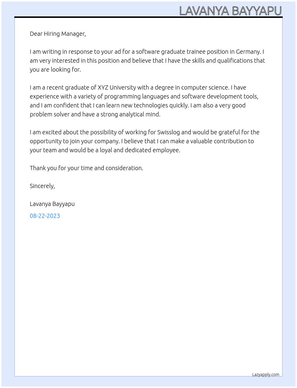 oftware Graduate Trainee (m/f/d) Germany 2023 A 12-months international training program At Swisslog Cover Letter