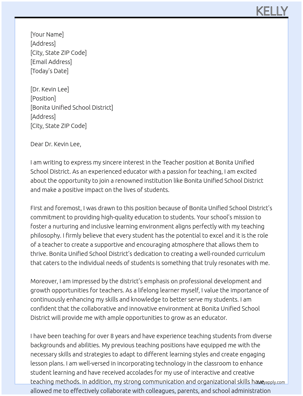 Teacher At Bonita Unified School District Cover Letter