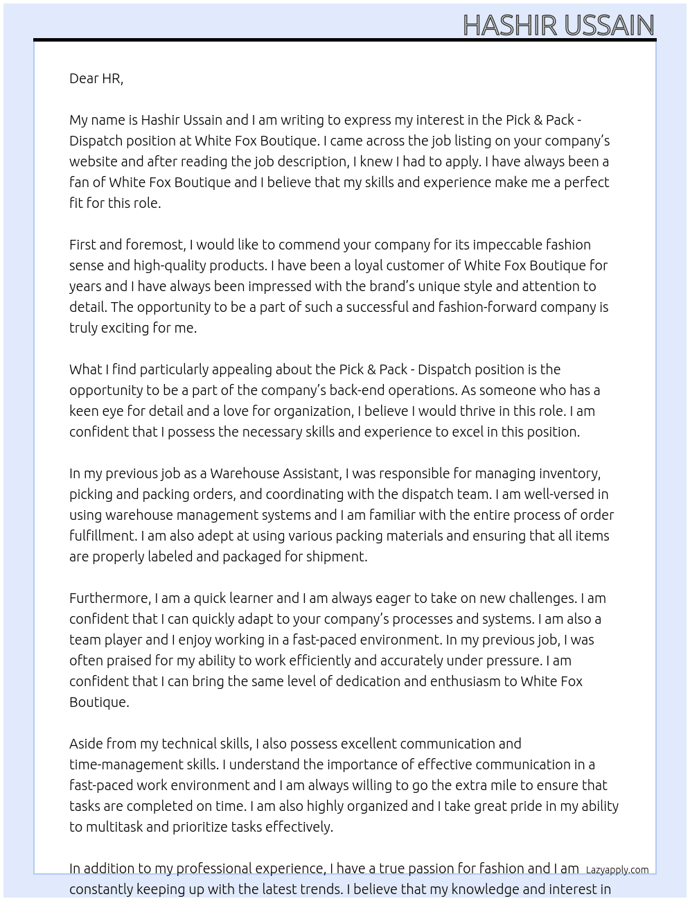 Pick & Pack - Dispatch At White Fox Boutique Cover Letter