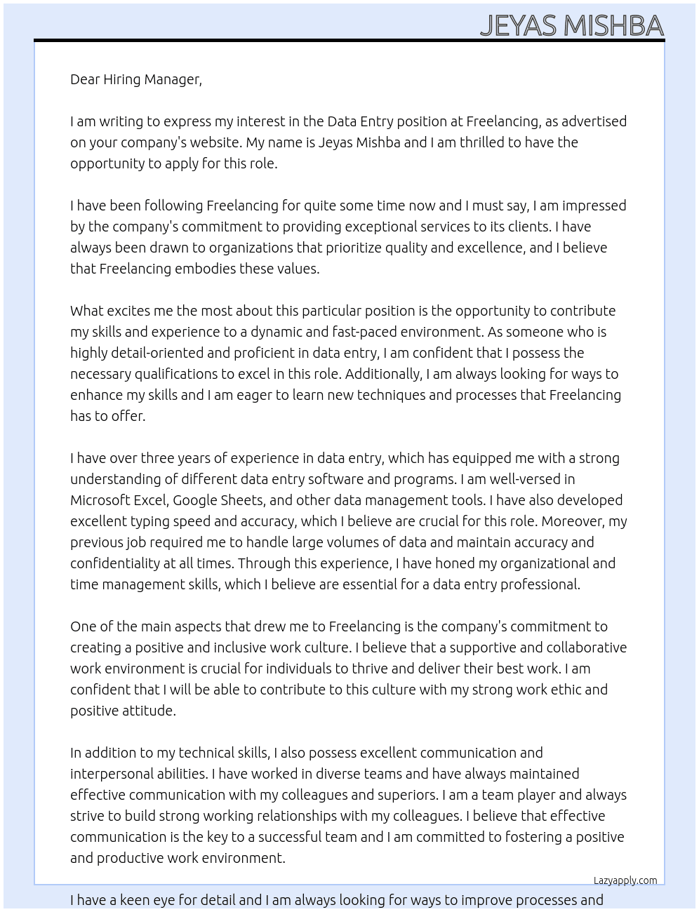 Data entry  At Freelancing Cover Letter