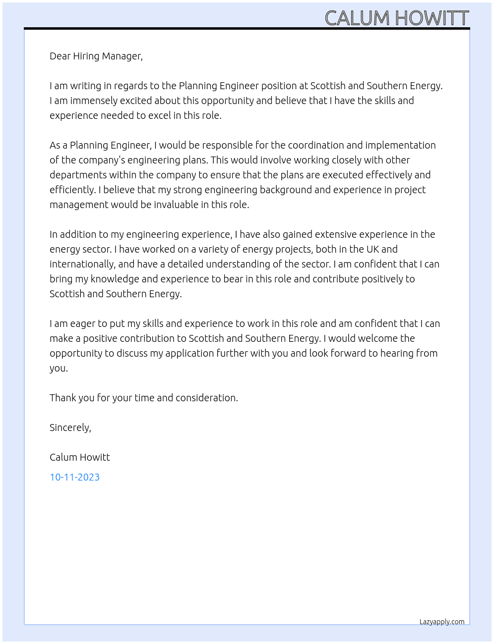 Planning Engineer At Scottish and Southern Energy Cover Letter