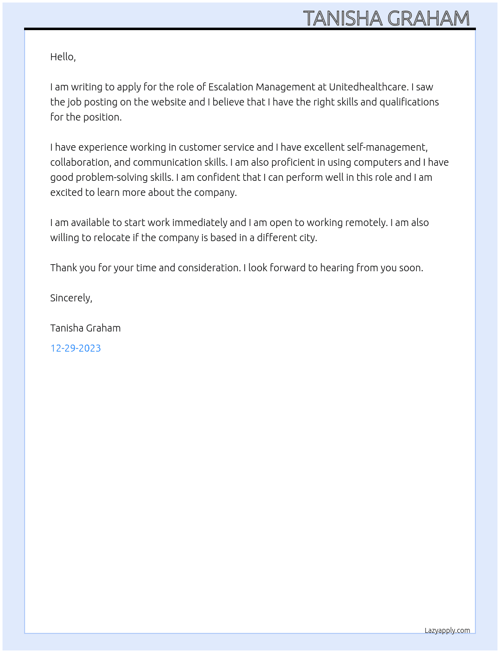 Escalation management  At Unitedhealthcare  Cover Letter