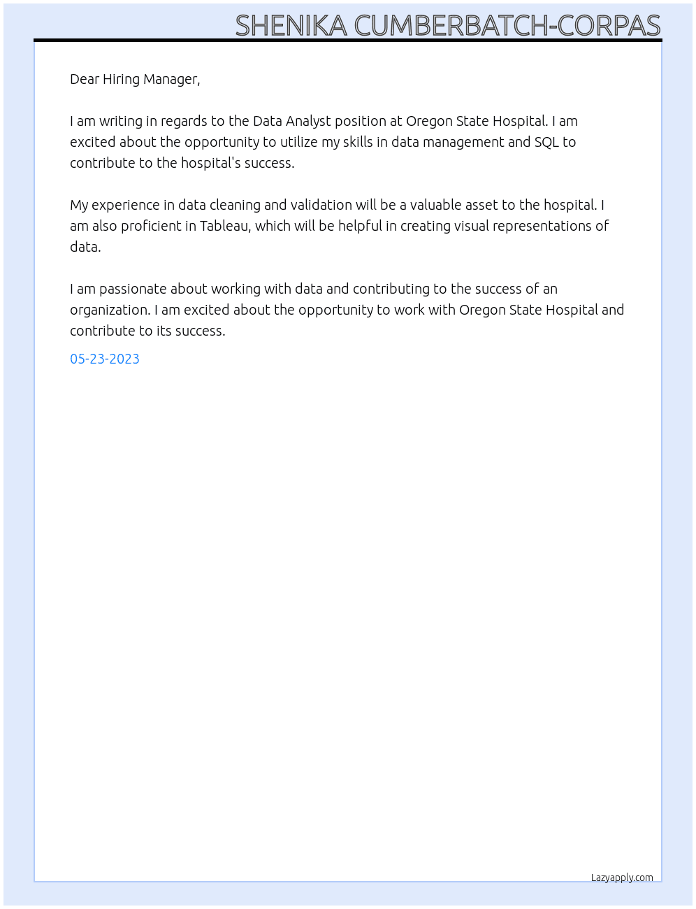 Data Analyst At Oregon State Hospital Cover Letter