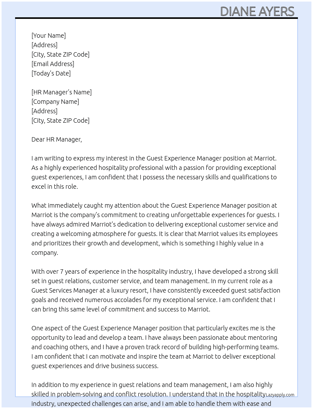 Guest Experience Manager  At Marriot  Cover Letter