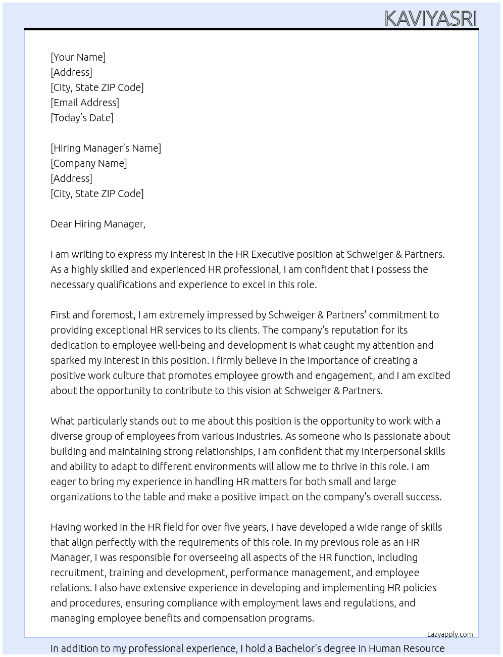 HR EXECUTIVE At Schweiger & Partners Cover Letter