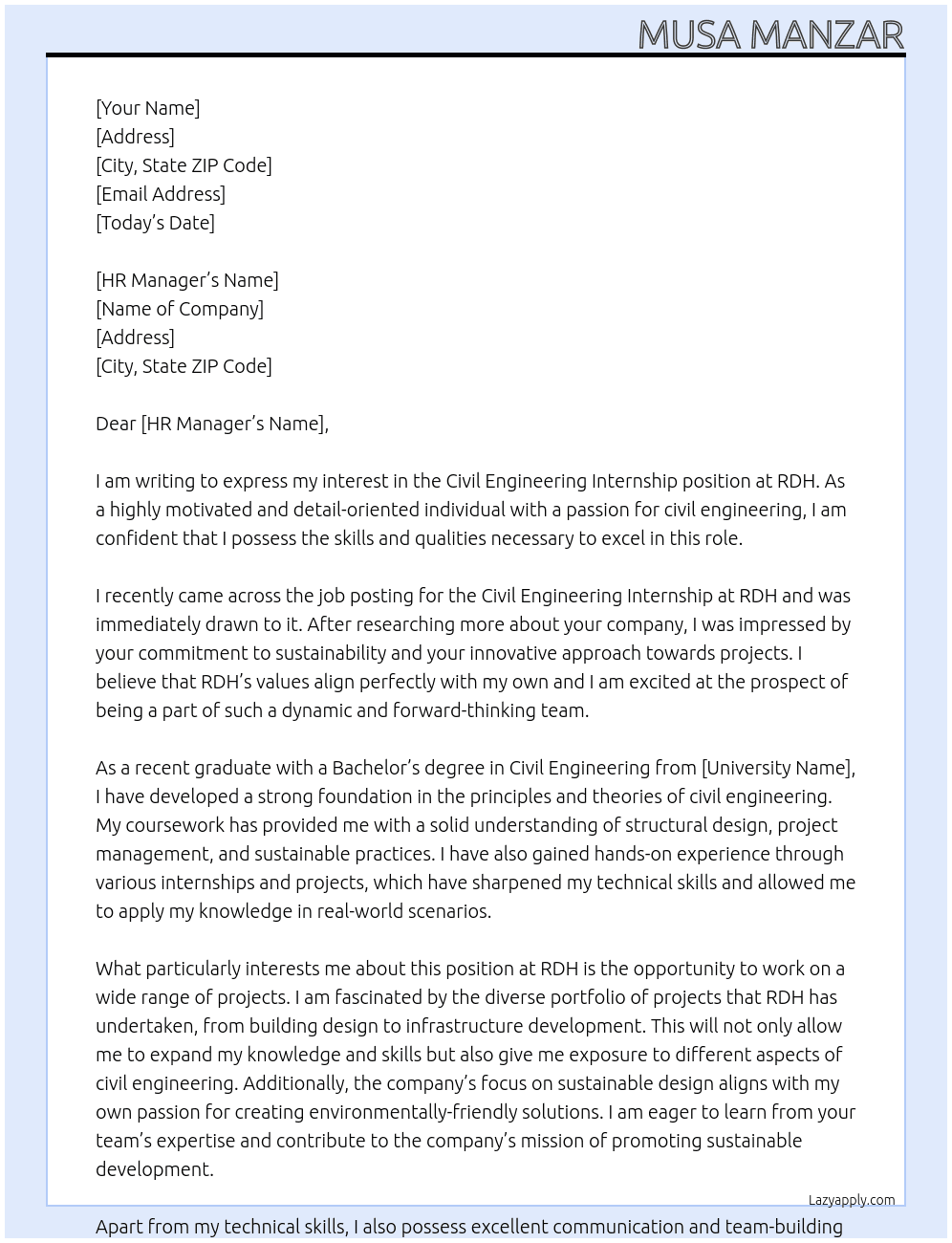 civil engineering internship At RDH Cover Letter
