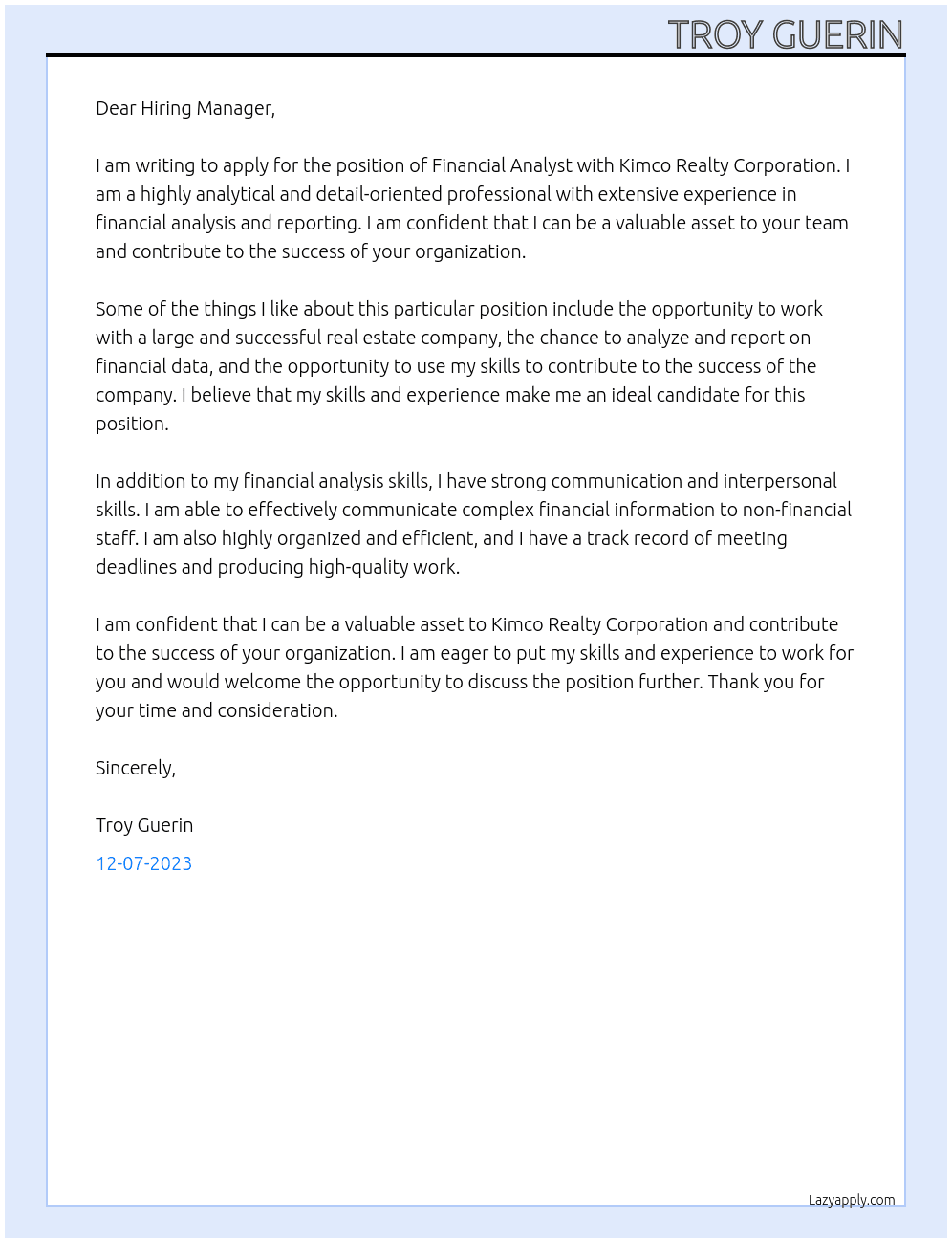 Financial Analyst At Kimco Realty Corporation Cover Letter