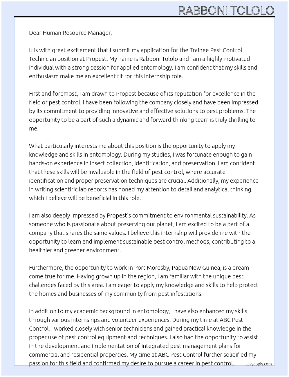 Trainee Pest Control Technician At Propest Cover Letter
