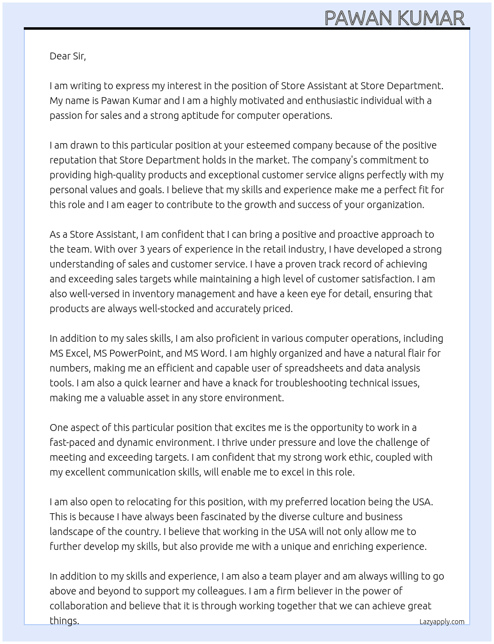 Store assistant  At Store department  Cover Letter