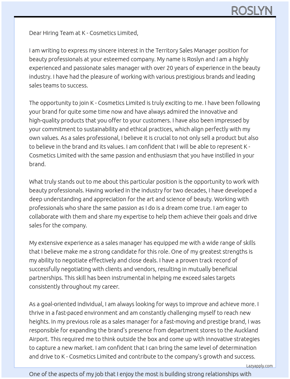 Territory sales manager -beauty professional  At K - Cosmetics Limited  Cover Letter