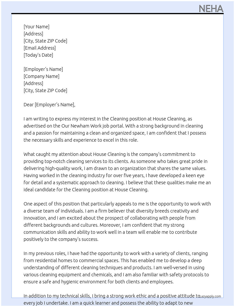 Cleaning At House Cleaning Cover Letter
