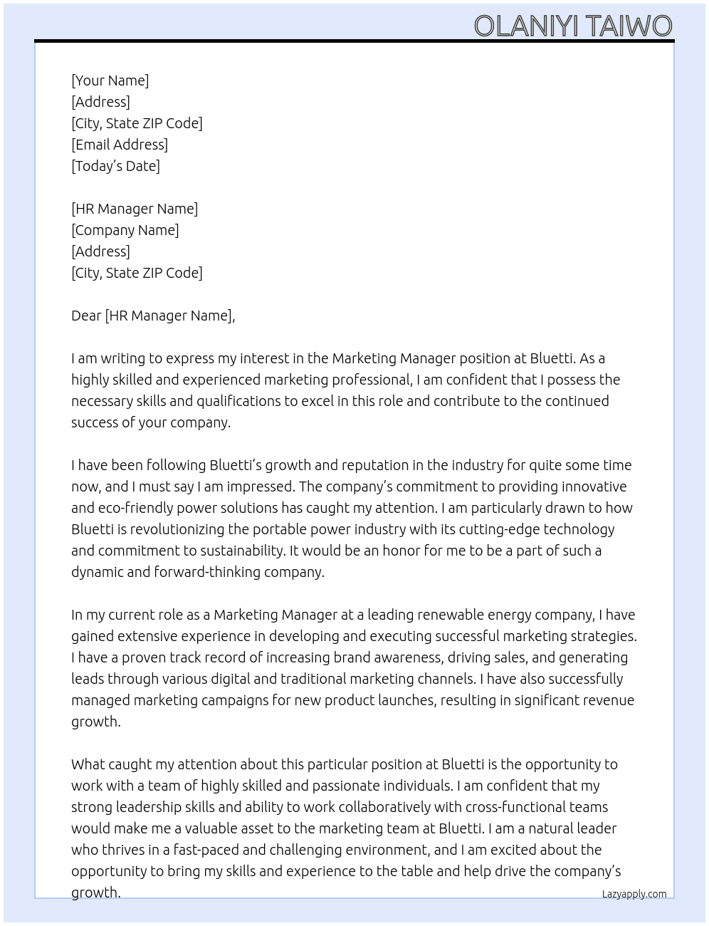 Marketing Manager At Bluetti Cover Letter