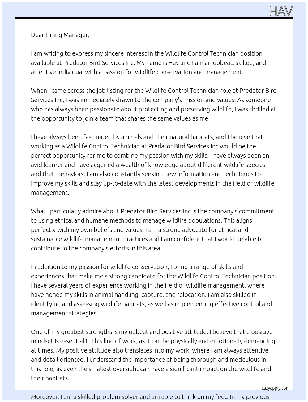 Wildlife Control Technician  At Predator Bird Services Inc Cover Letter