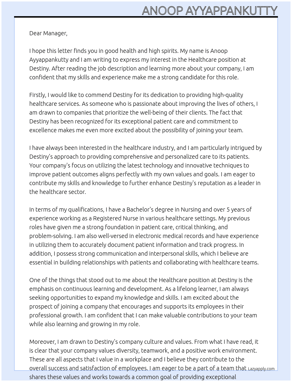 Healthcare At Destiny Cover Letter