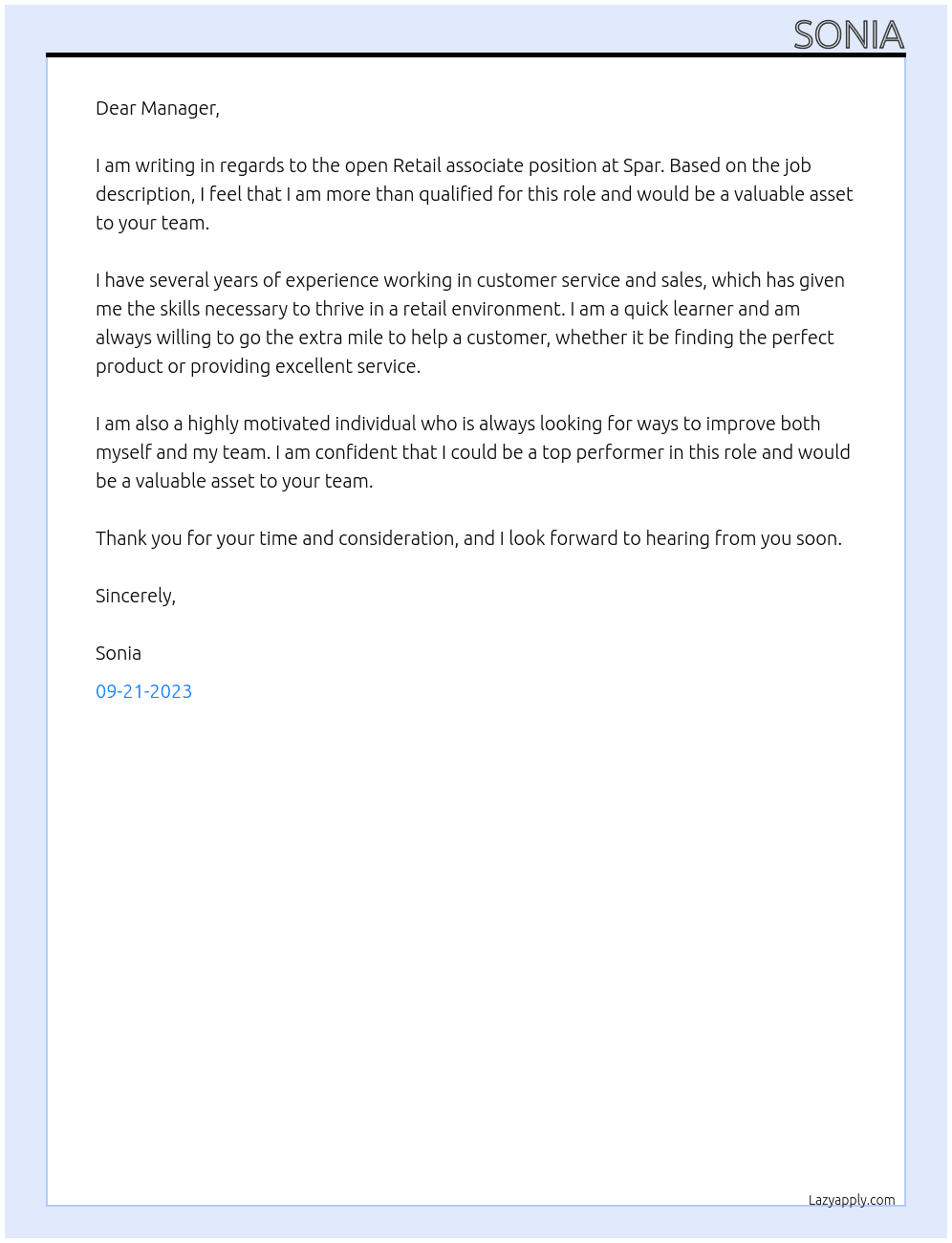 Retail associate At Spar Cover Letter