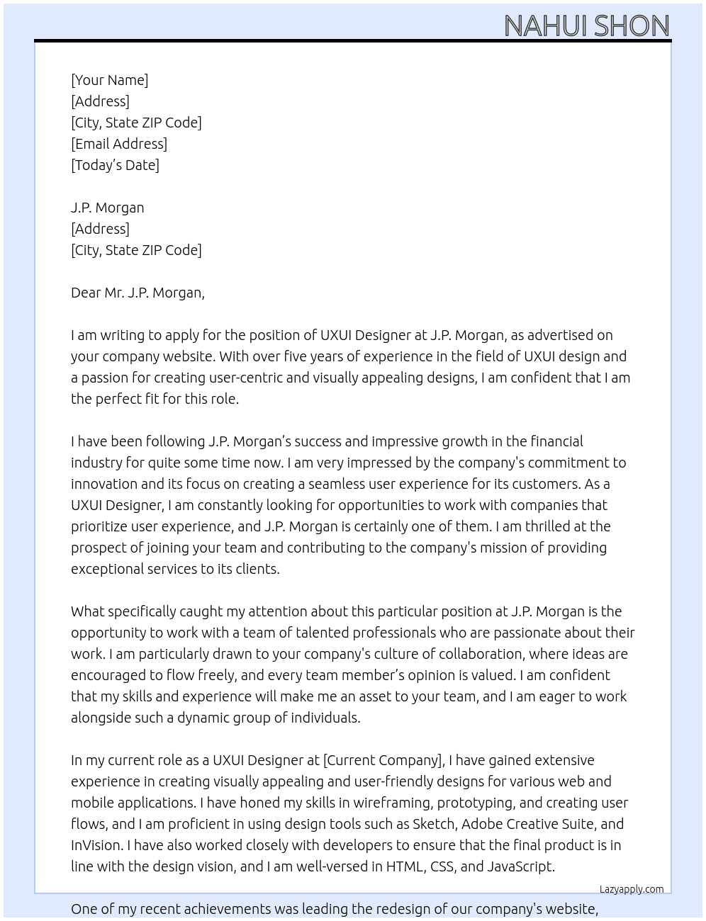 UXUI DESIGNER At J.P.Morgan Cover Letter