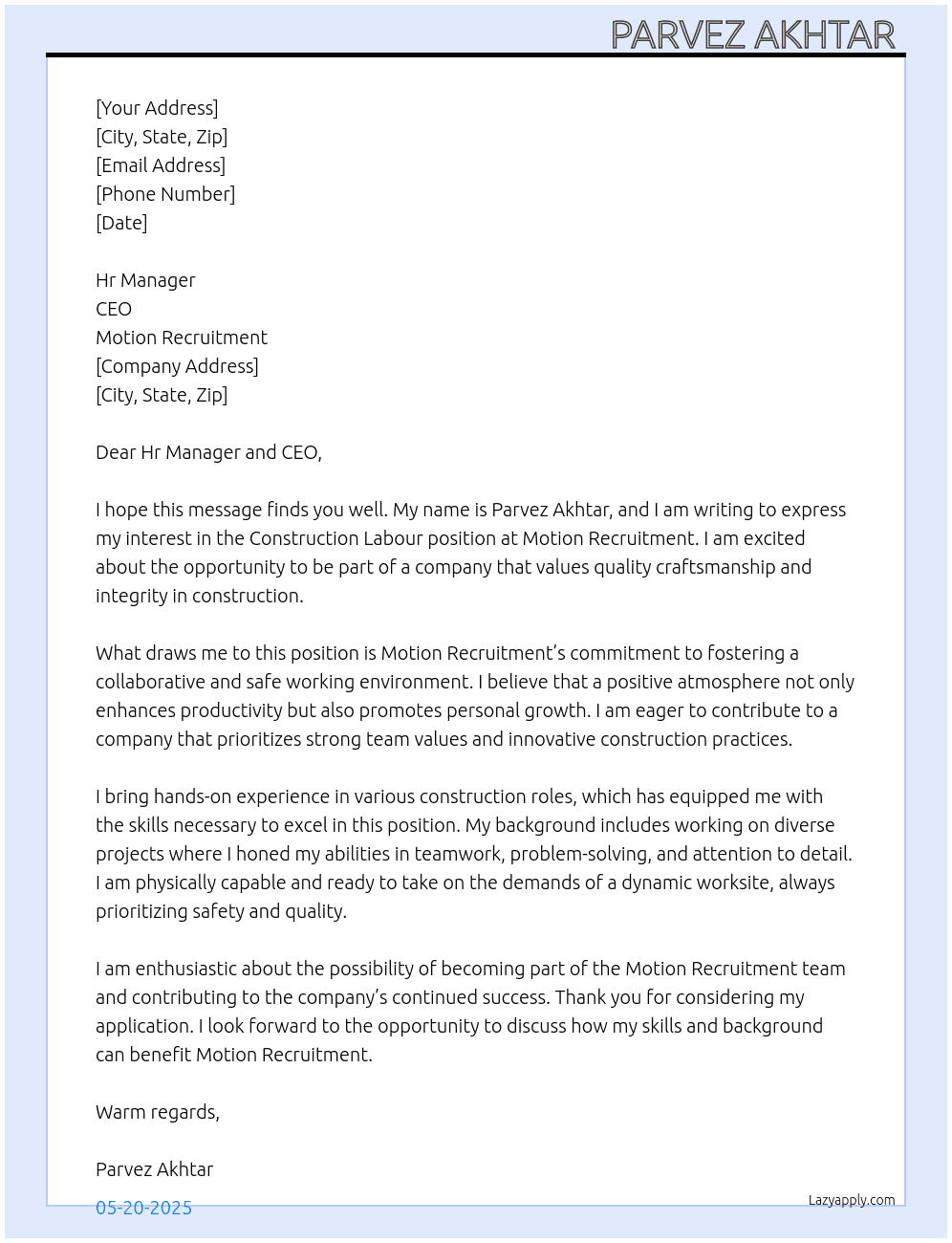 Cover letter for construction labour - LazyApply