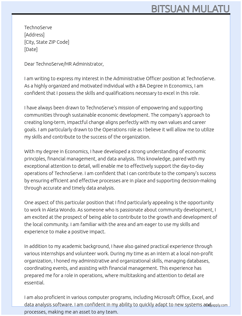 Administrative Officer At TechnoServe Cover Letter