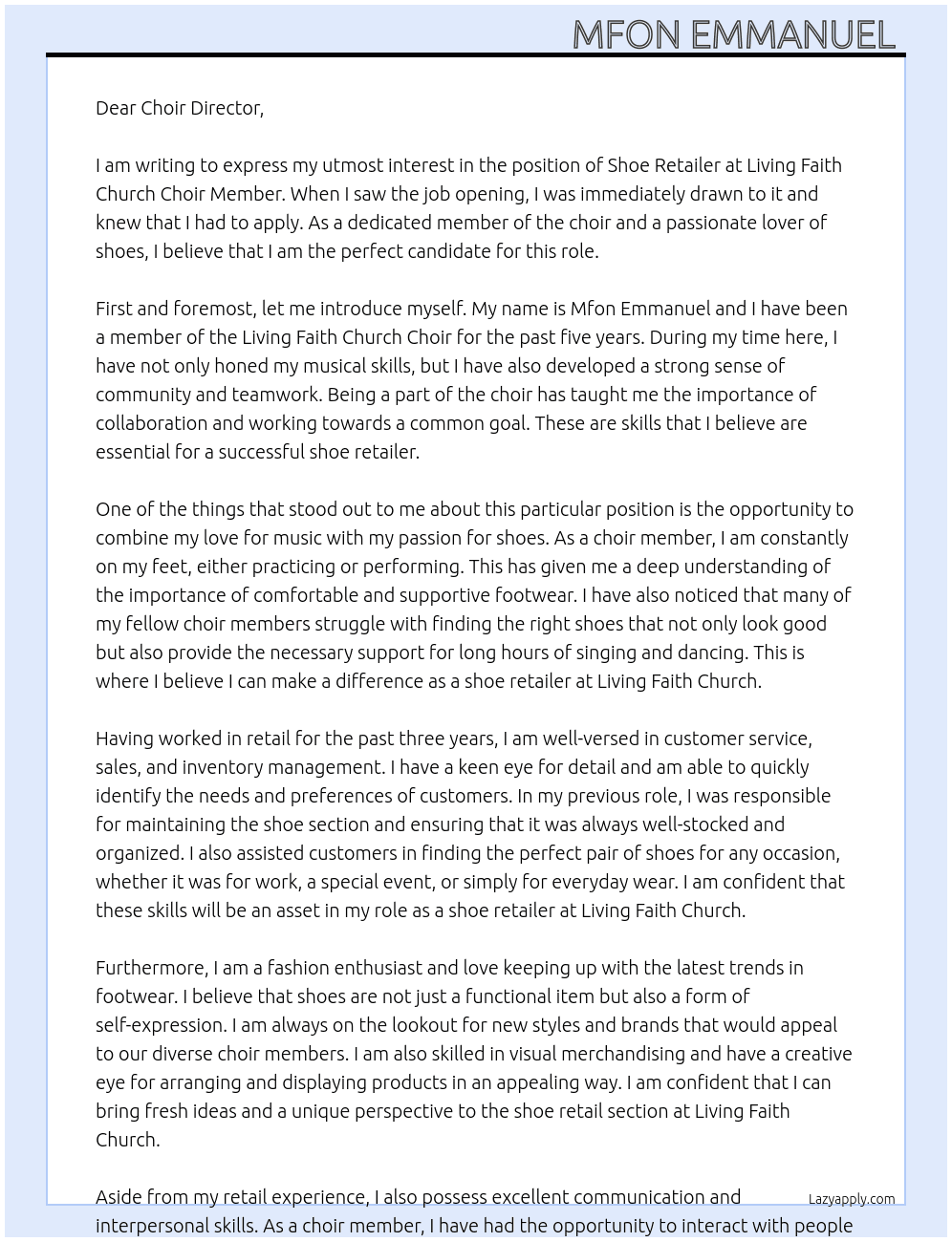 Shoe retailer  At living faith church Choir member Cover Letter