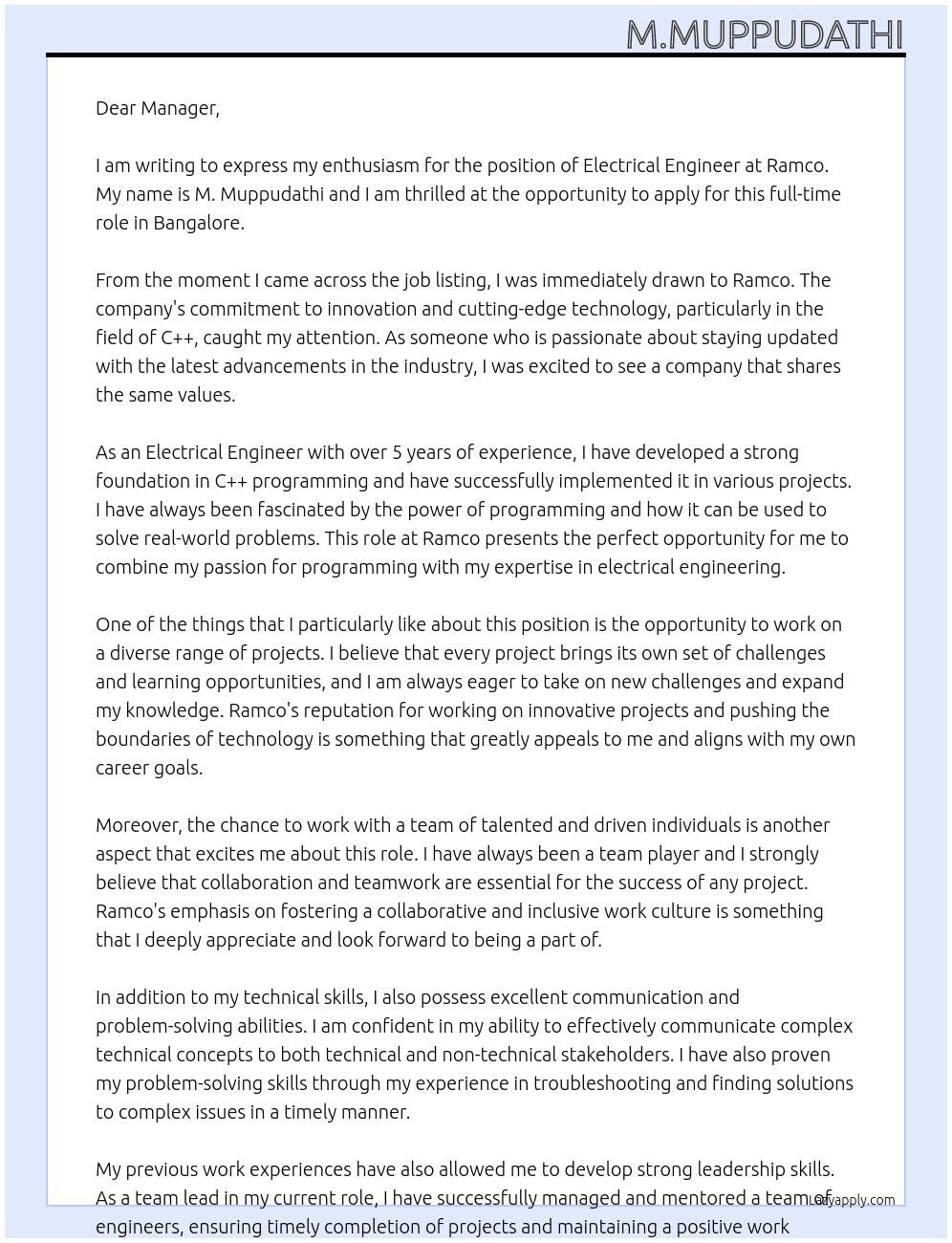 Electrical  engineer At Ramco Cover Letter