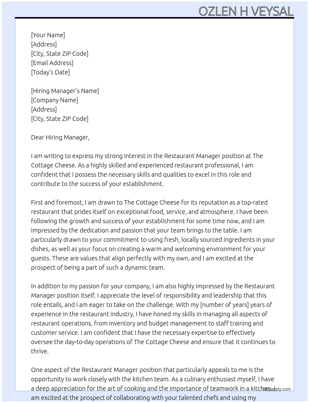 Restaurant Manager At The Cottage Cheese Cover Letter