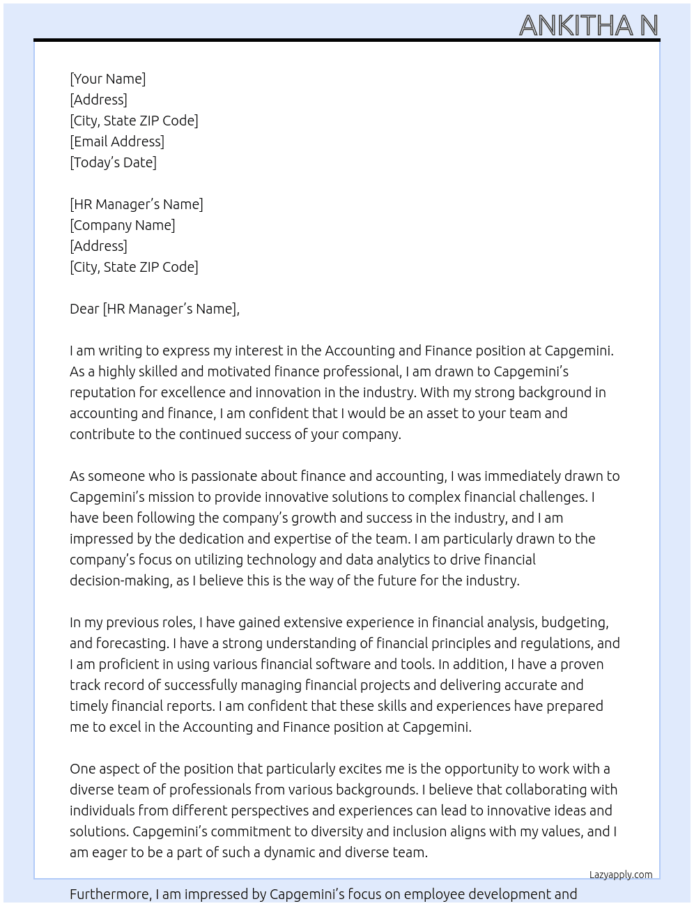 Accounting and finance  At Capgemini Cover Letter