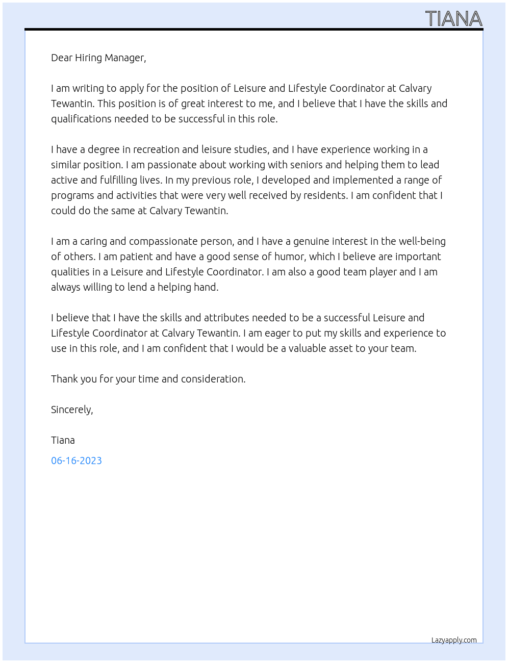 Leisure and Lifestyle Coordinator At Calvary Tewantin Cover Letter