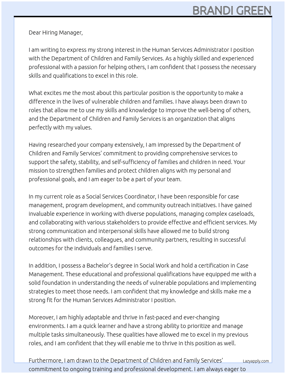 Cover letter for human services administrator i - LazyApply