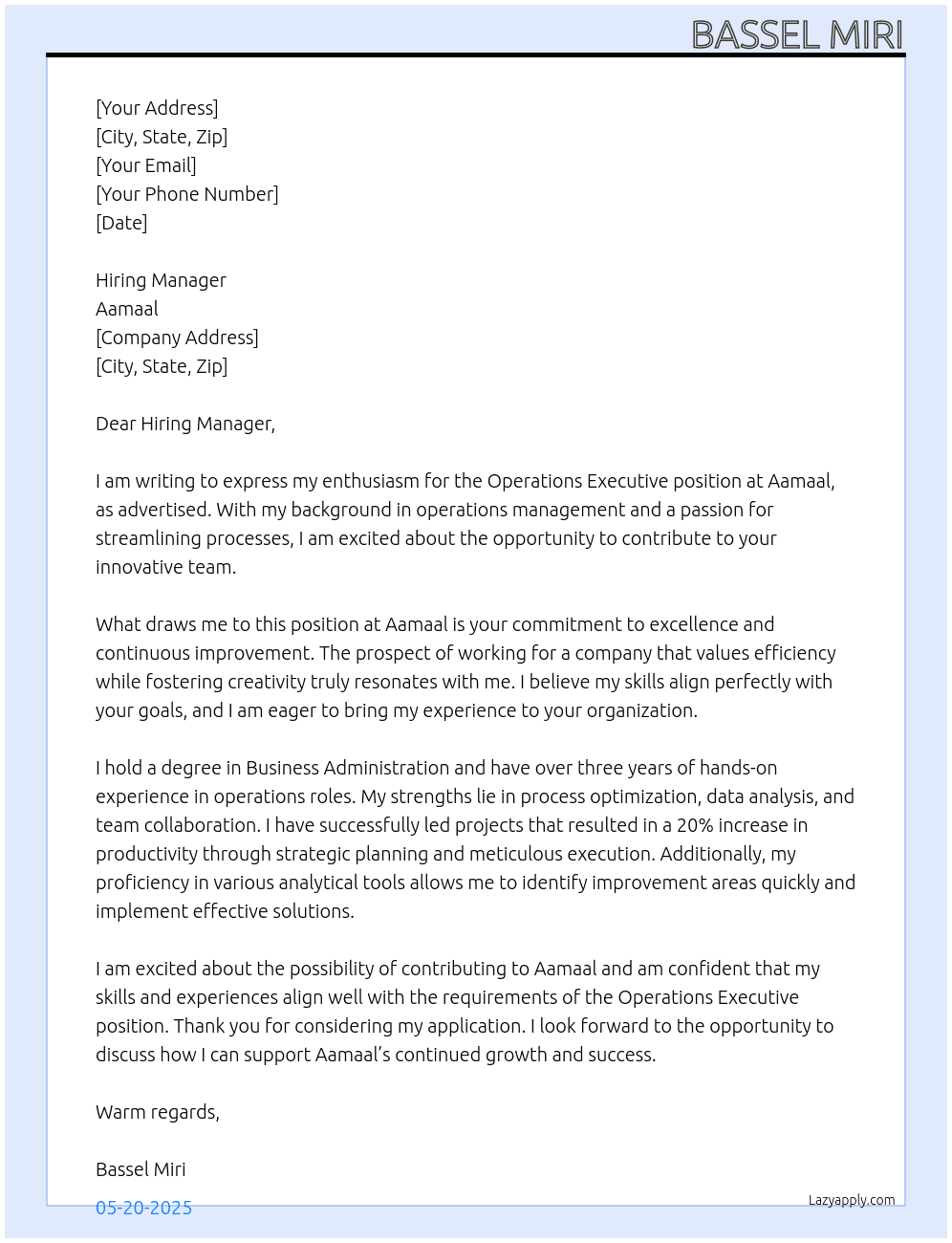 operation executive At Aamaal Cover Letter