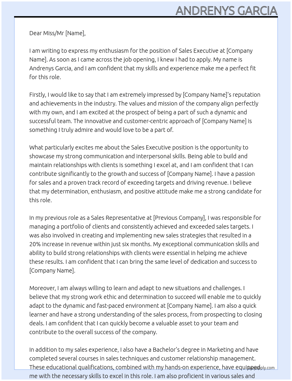 sales executive  At agency  Cover Letter