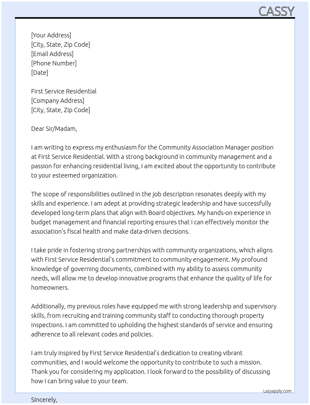 Community Association Manager At First Service Residential Cover Letter