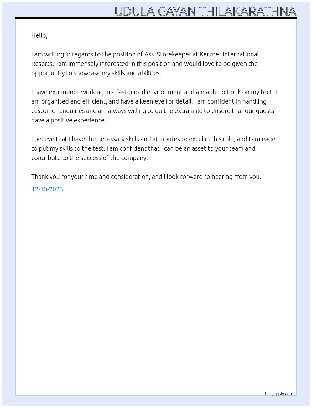 Ass. storekeeper At Kerzner International Resorts Cover Letter