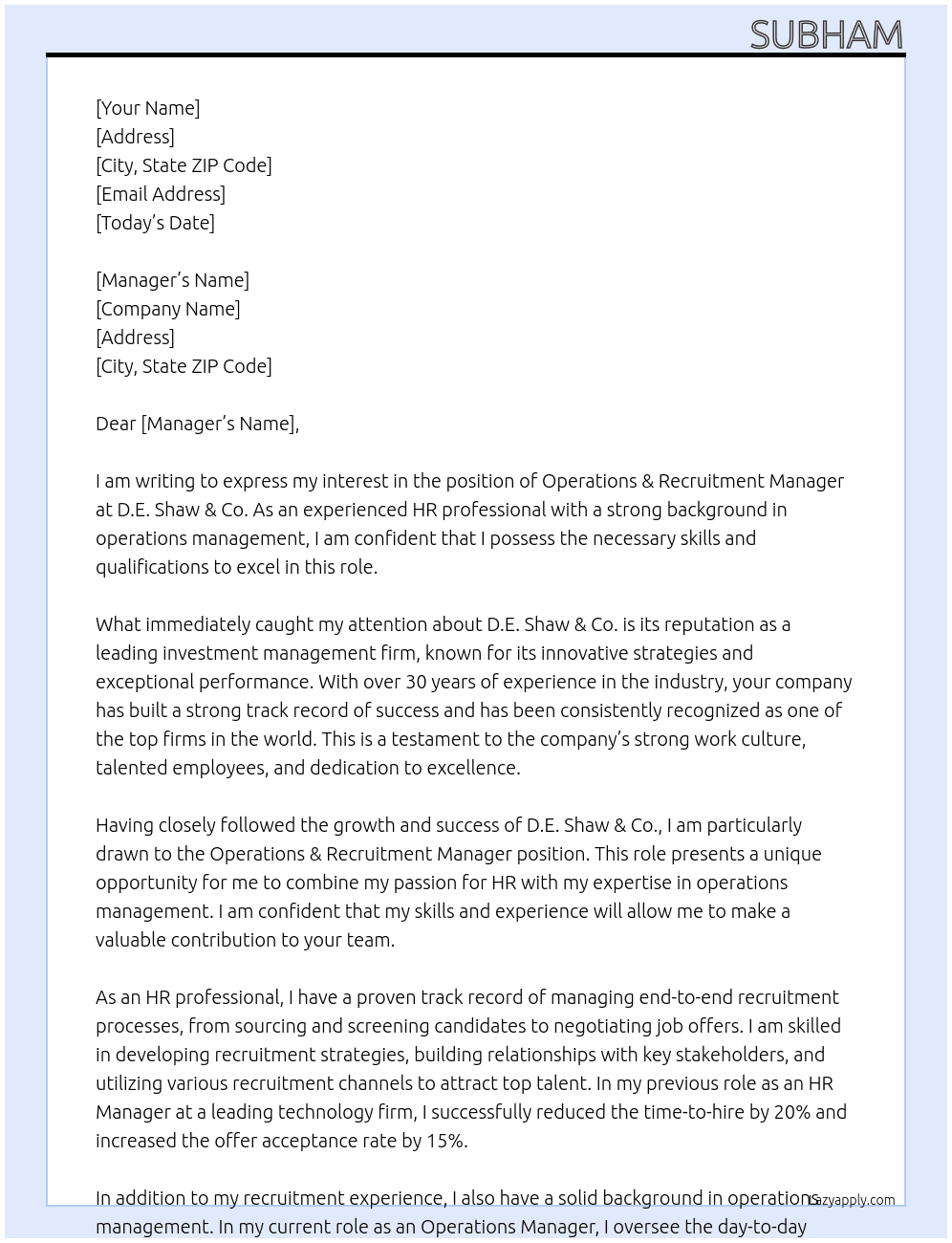 Operations & Recruitment At D.E. Shaw & Co. Cover Letter