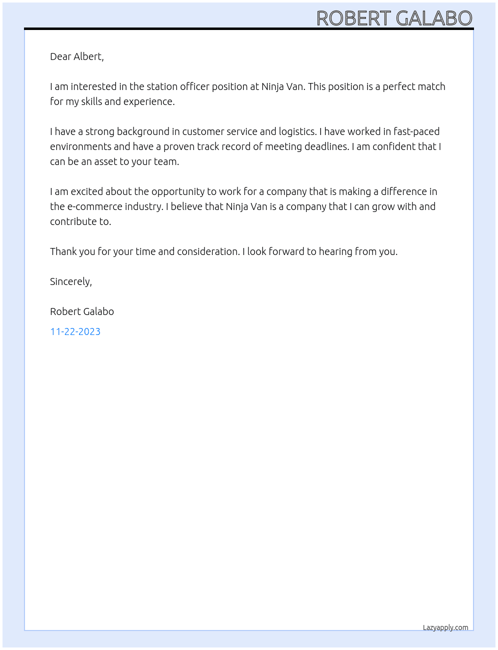 station officer At Ninja Van Cover Letter