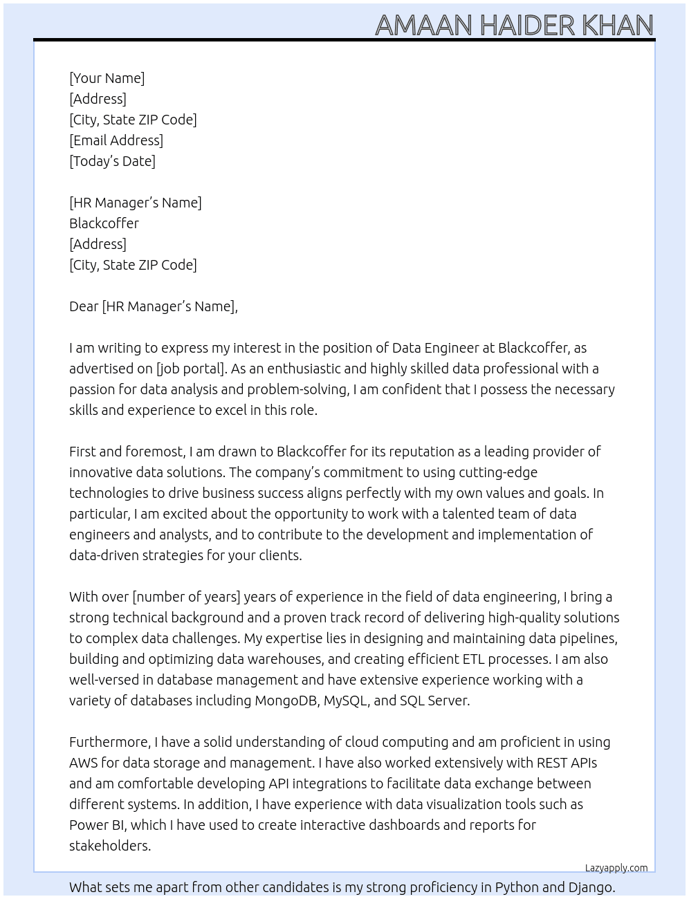 Data Engineer At Blackcoffer Cover Letter