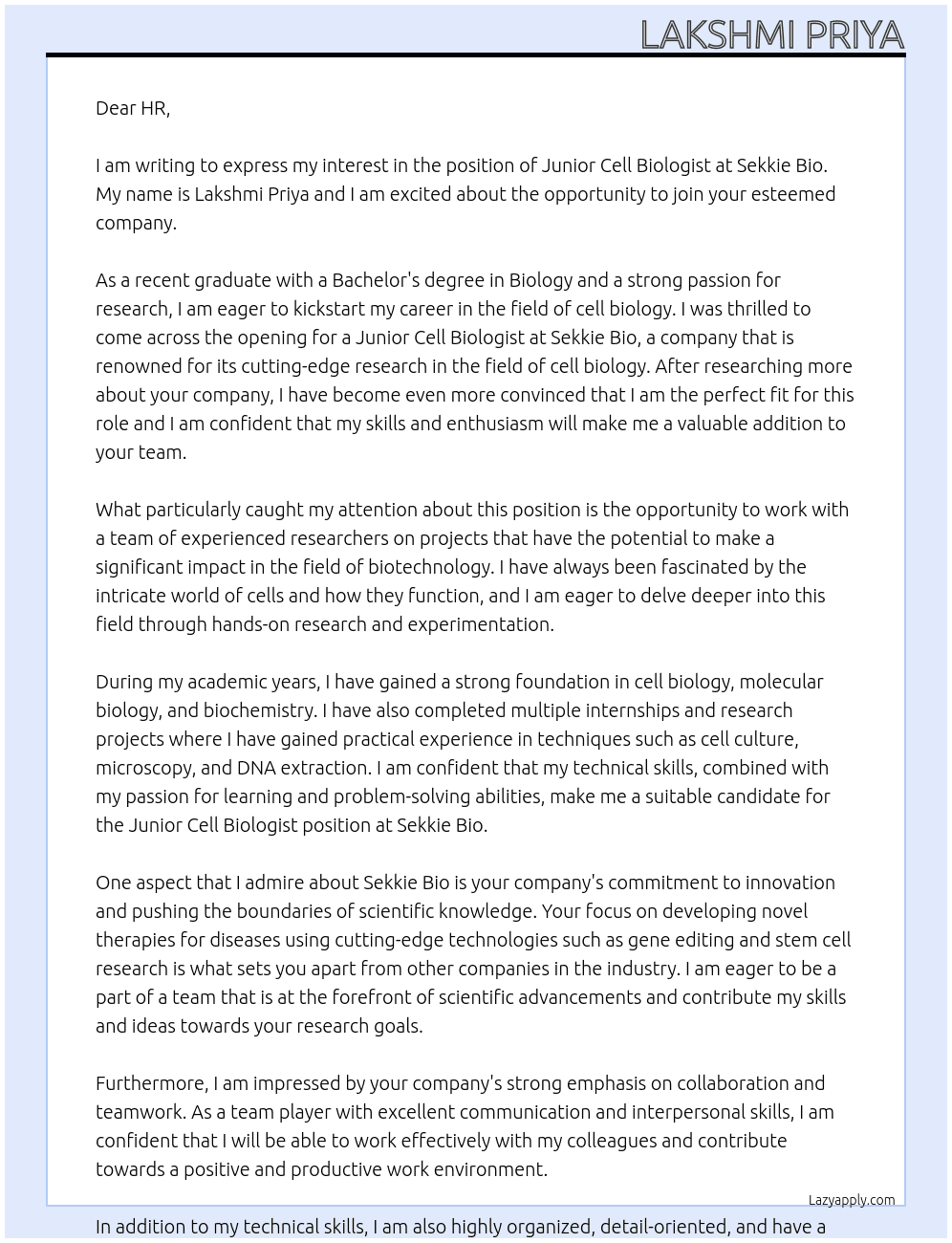 Junior cell biologist At Sekkie bio Cover Letter