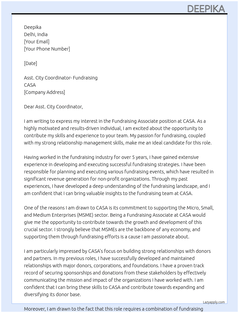 Fundraising Associate -MSME At CASA Cover Letter
