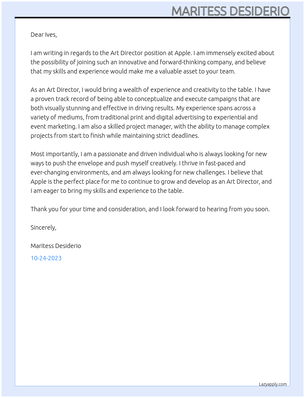 Art director At Apple Cover Letter