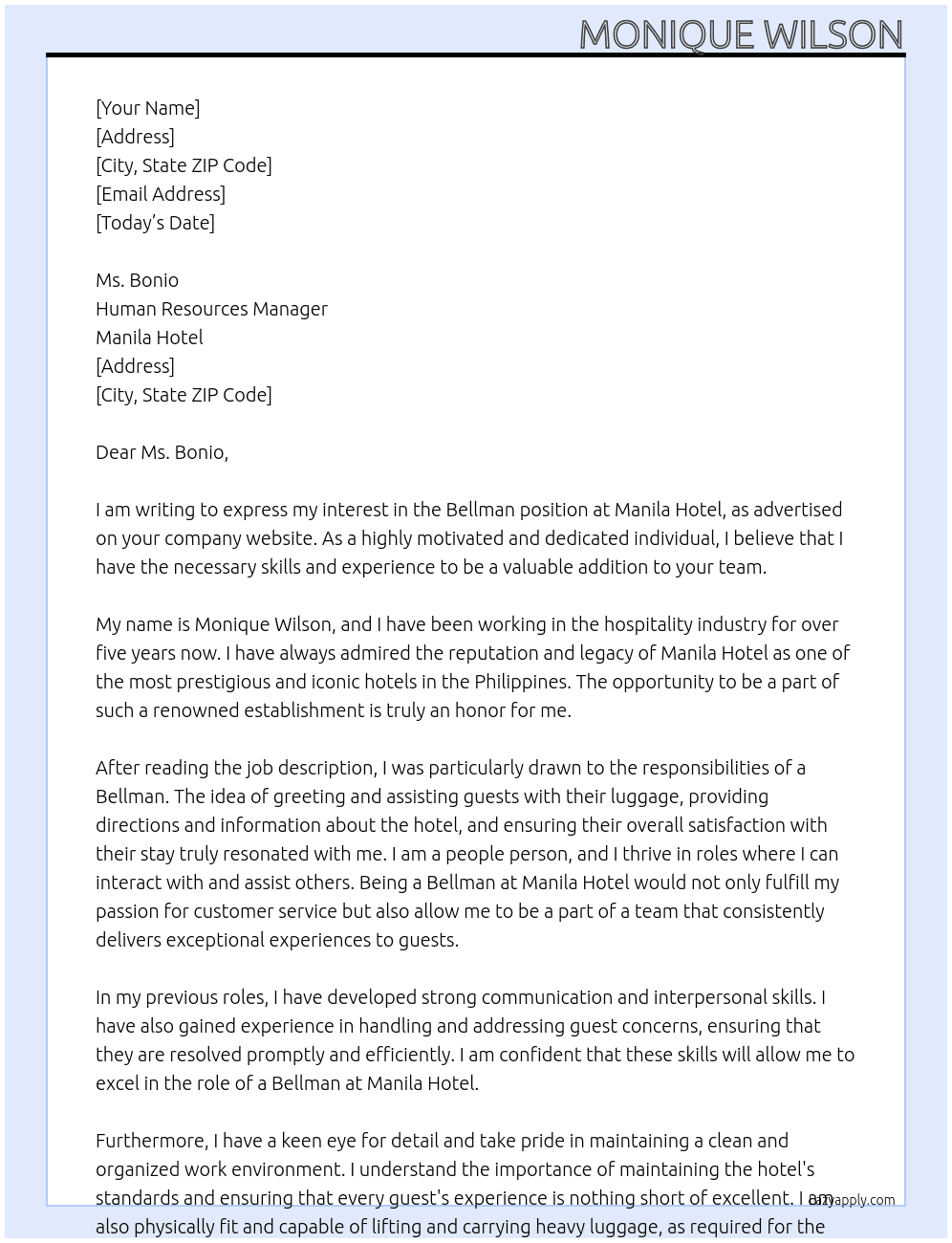 Bellman At Manila hotel Cover Letter