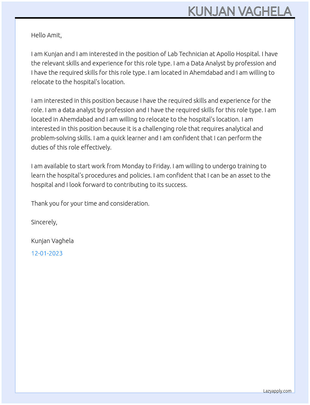 Lab technician  At Apollo hospital  Cover Letter