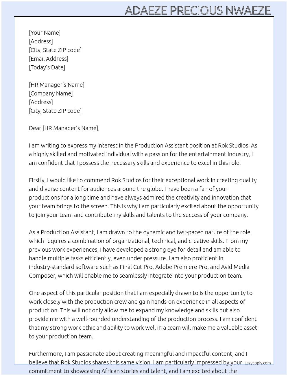 Production Assistant  At Rok Studios Cover Letter