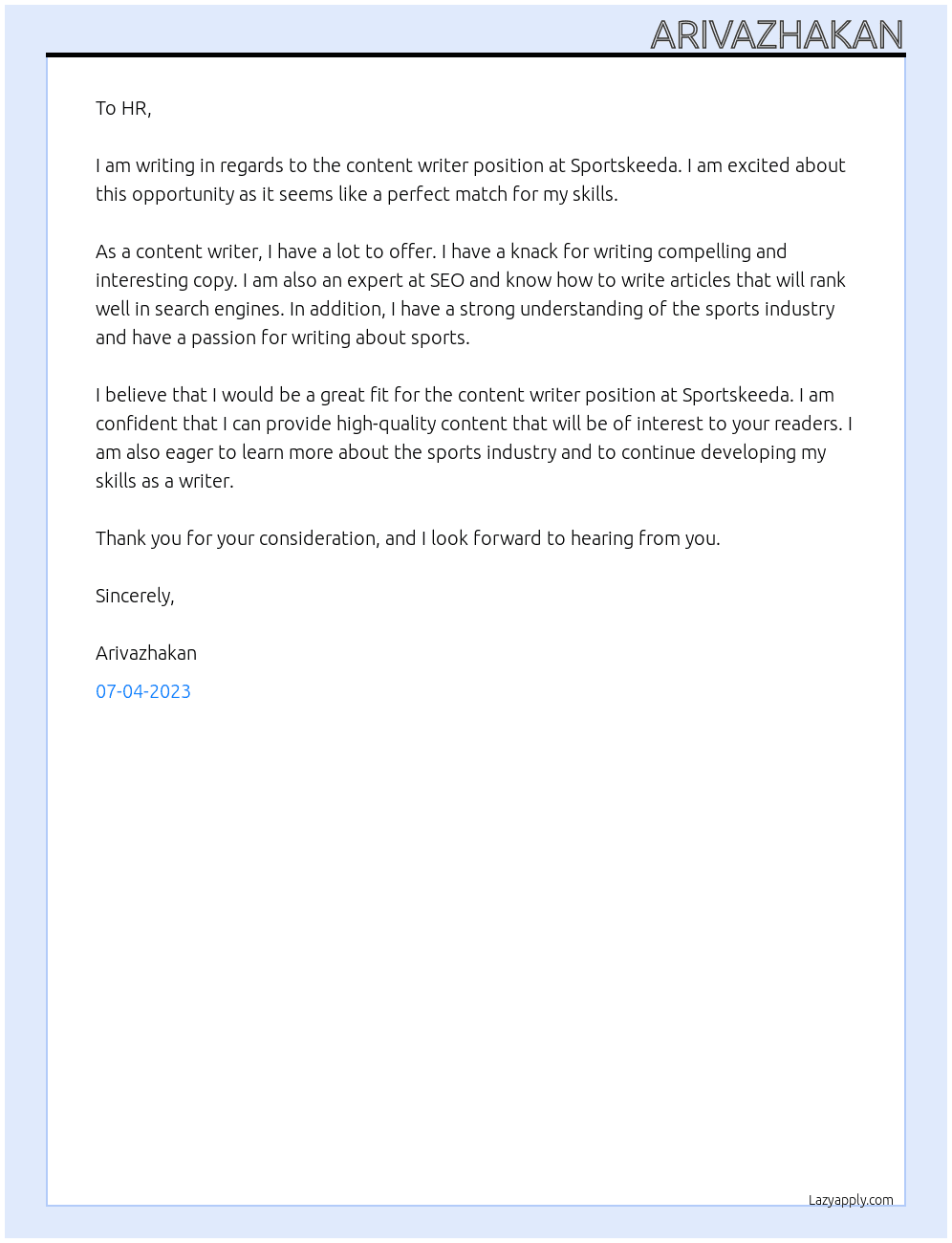 Content writer At Sportskeeda Cover Letter